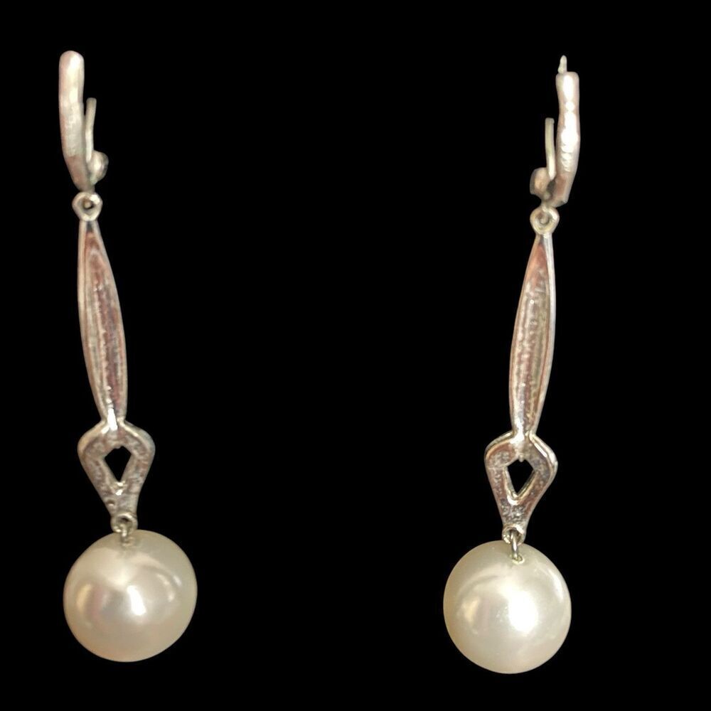 Vintage Earrings Germany Dangle Pierced Simulated Pearl Clear Rhinestones - Picture 3 of 4